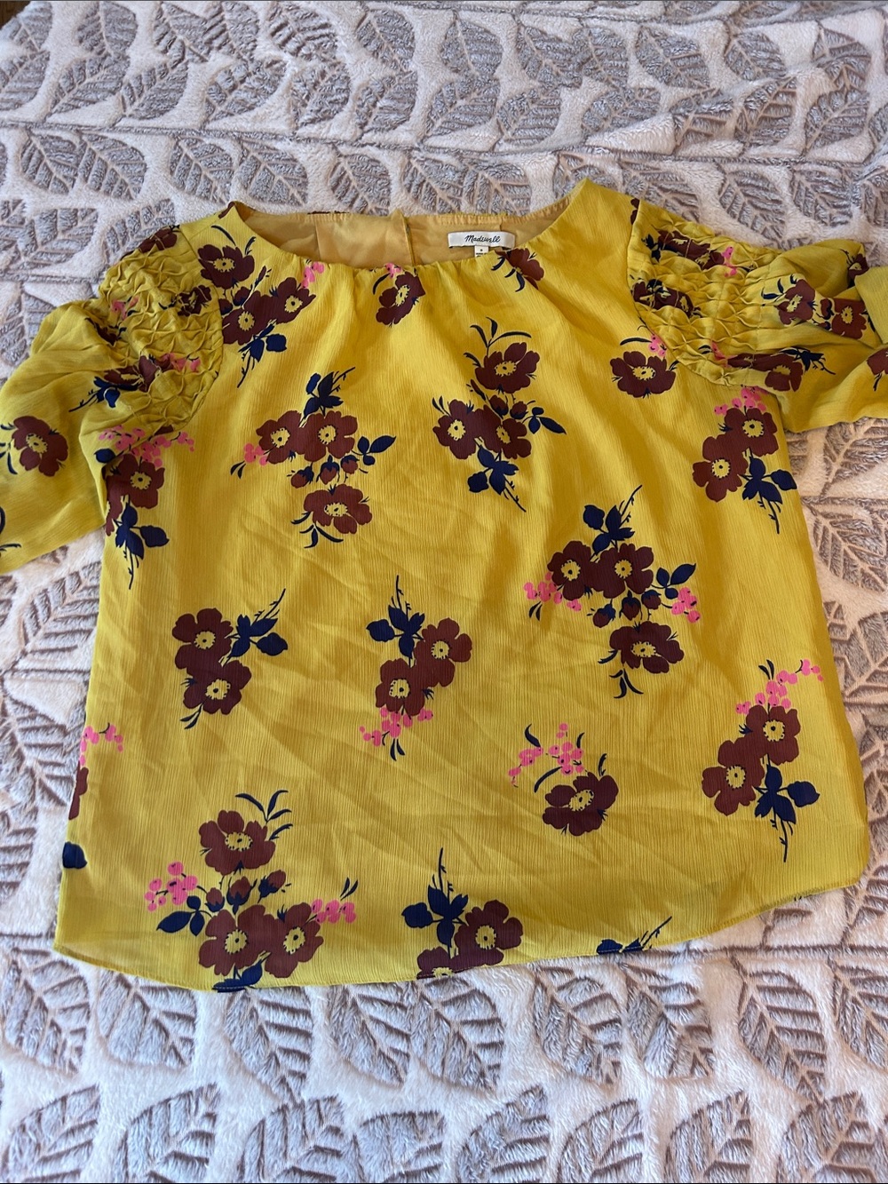 Size small women's Madewell Mustard Yellow Floral Ruffle-Sleeve Blouse